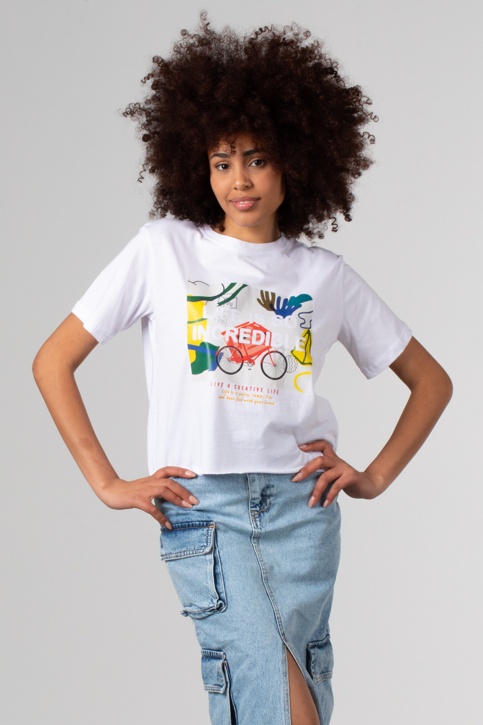 Önü bisiklet baskılı crop t-shirt-182 Beyaz