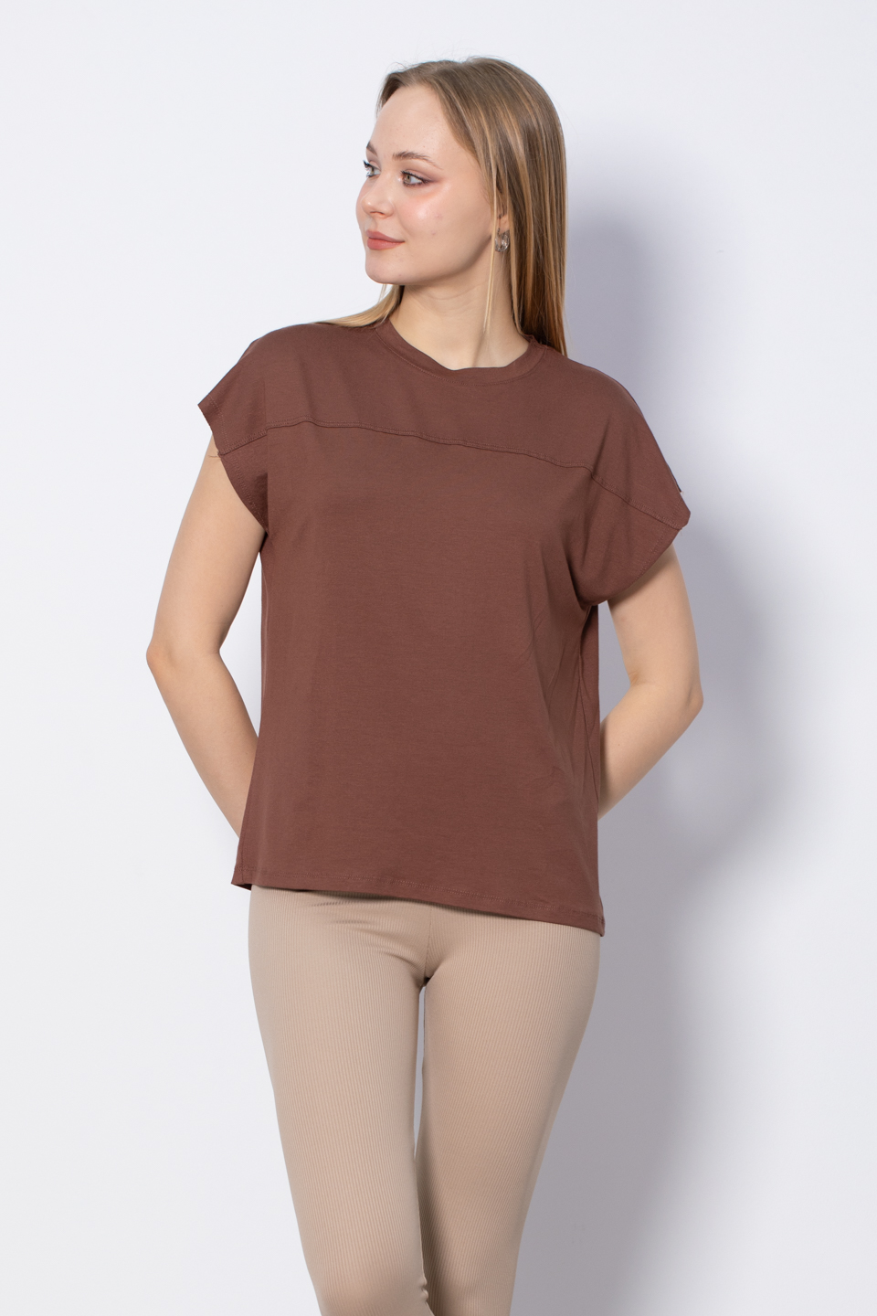 Önü Biye Detaylı T-Shirt - Kahve