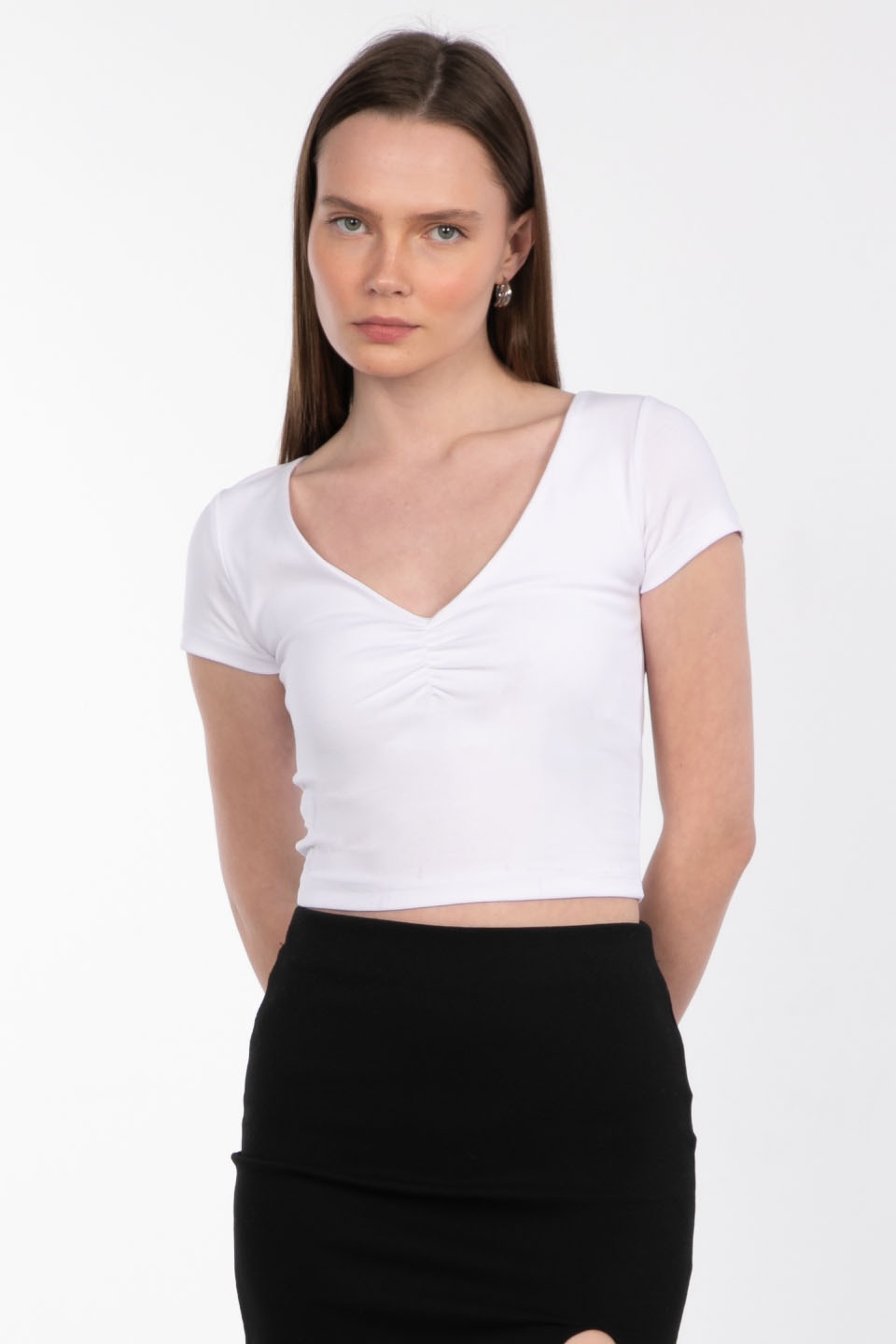 Önü büzgülü v yaka body-4225 Beyaz