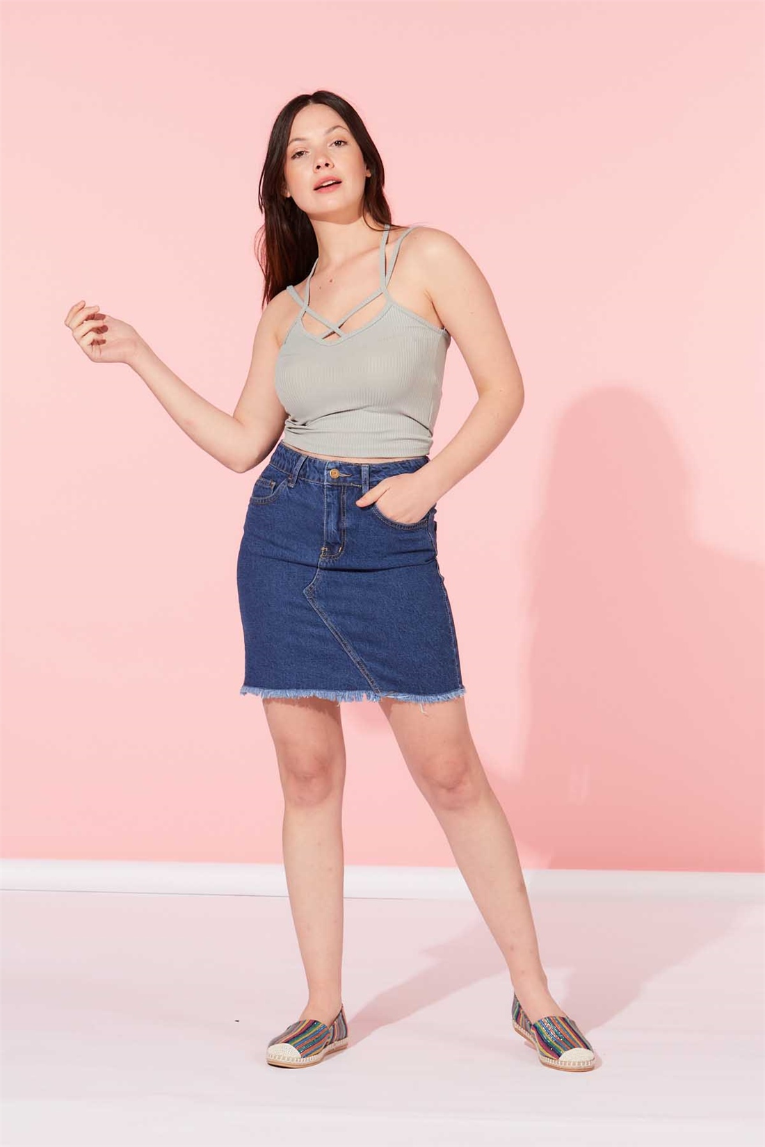 Önü Çaprazlı Püsküllü Etek-Orta Mavi