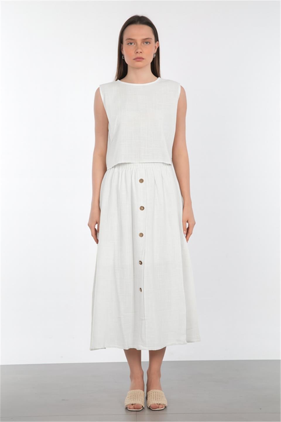 Önü düğmeli keten etek-3419 Beyaz