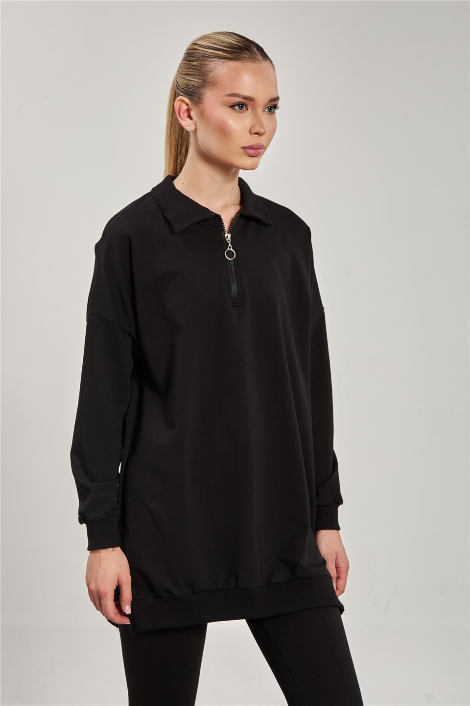Önü fermuarlı polo yaka sweatshirt-6059 Siyah
