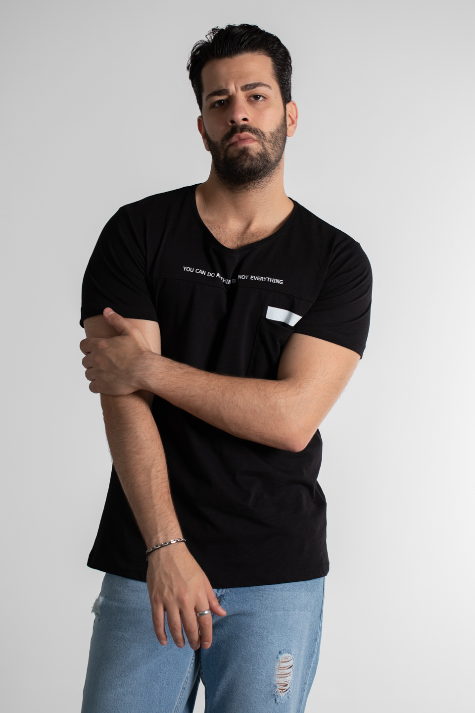 Önü Yazı Baskılı T-Shirt - Siyah