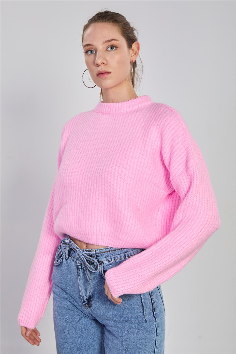 Örgülü crop kazak-6631 Pembe