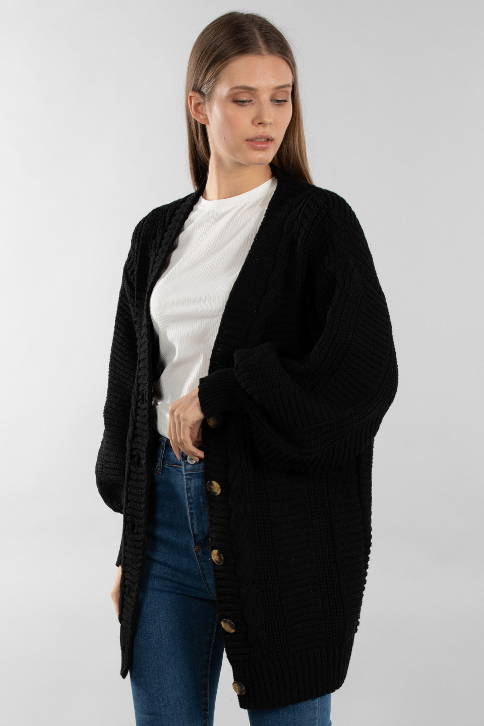 Örgülü triko hırka-5012 Siyah