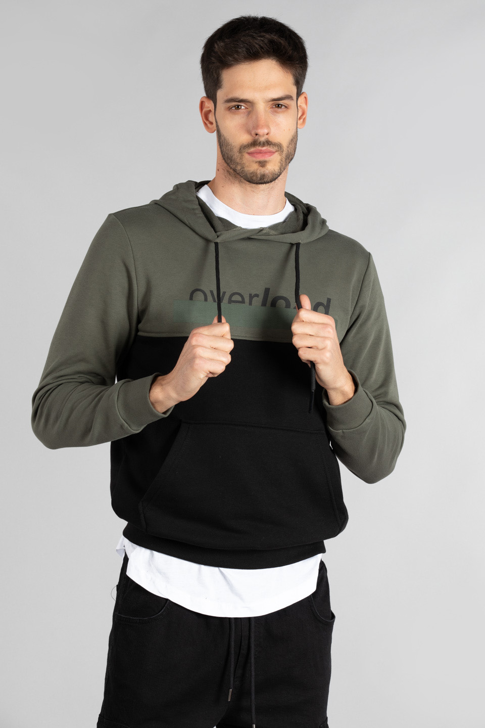 Overload baskılı kapüşonlu sweatshırt-5231 Haki/Siyah