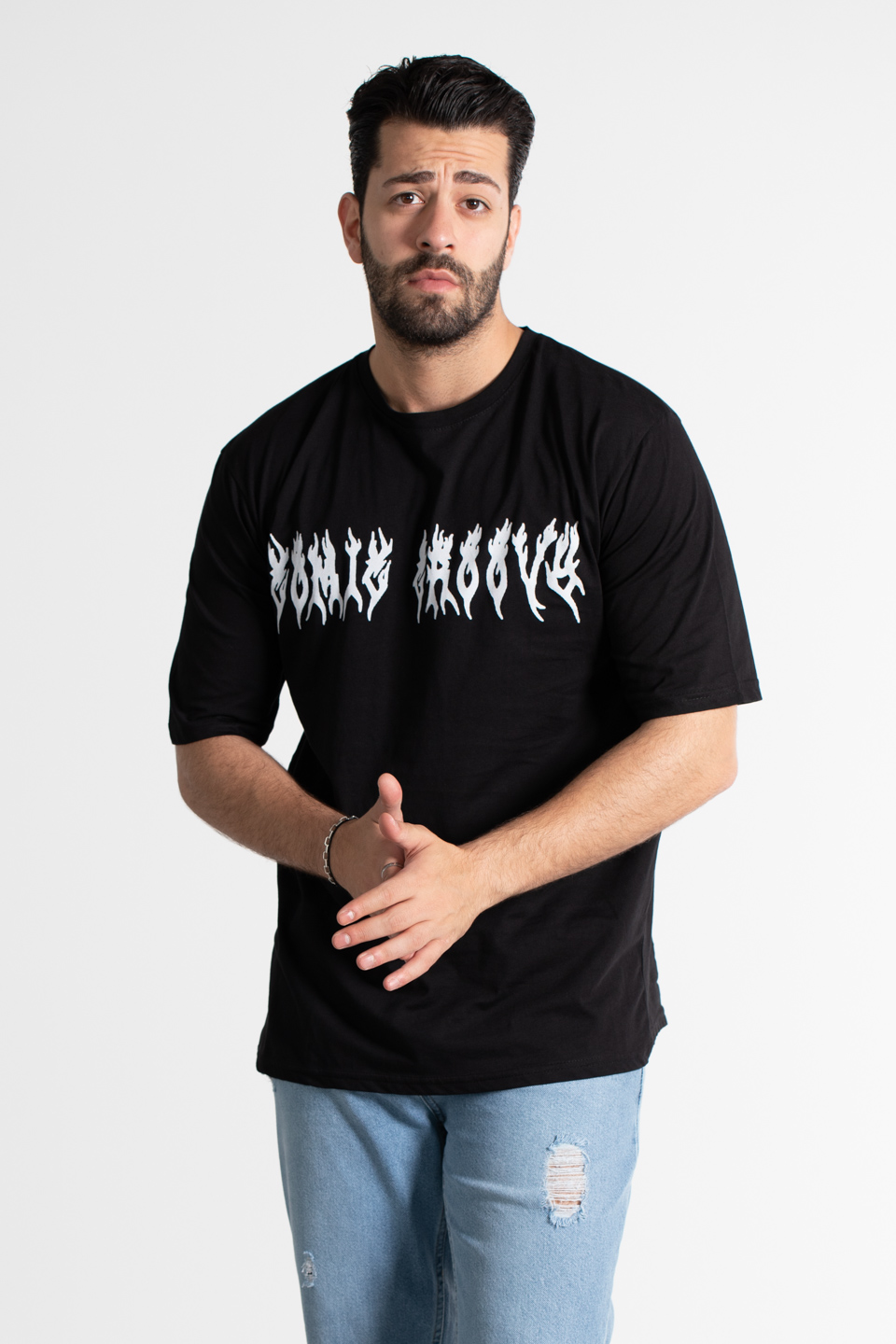 Oversıze baskılı t-shirt-1001 Siyah Yazı B.