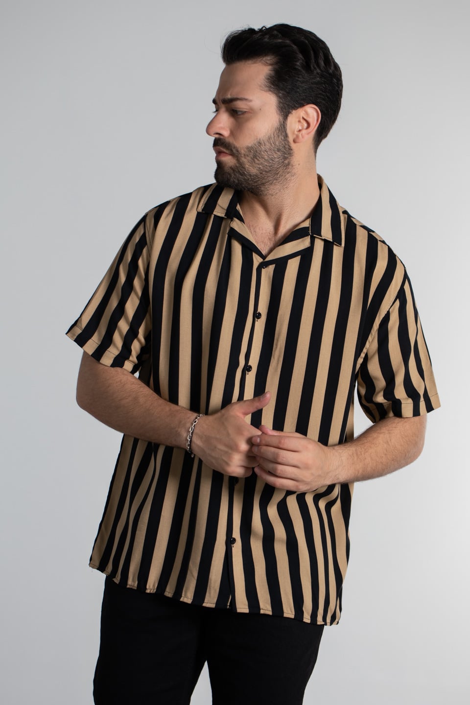 Oversize çizgili desen gömlek-6000 Taş/Siyah
