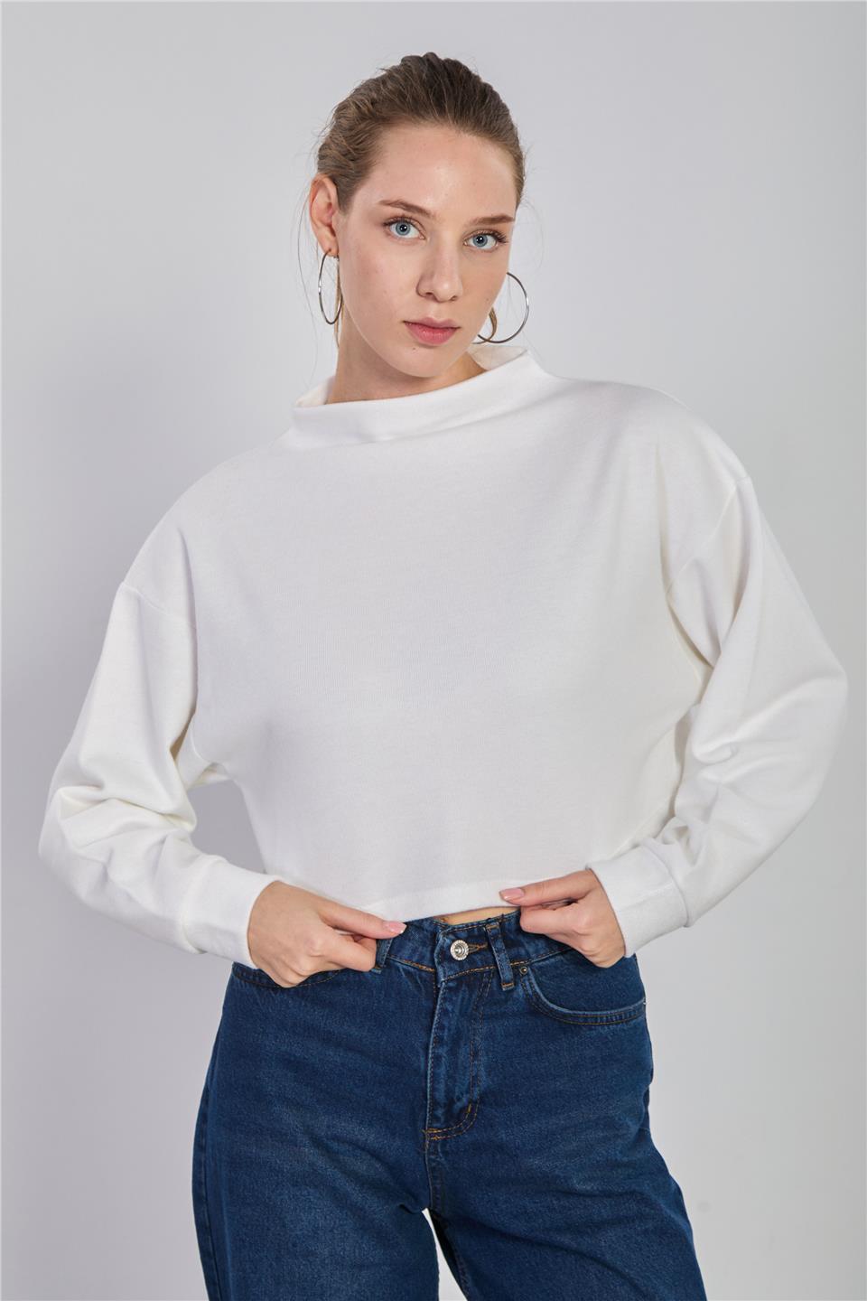 Oversize crop selanik sweatshirt-5774 Ekru