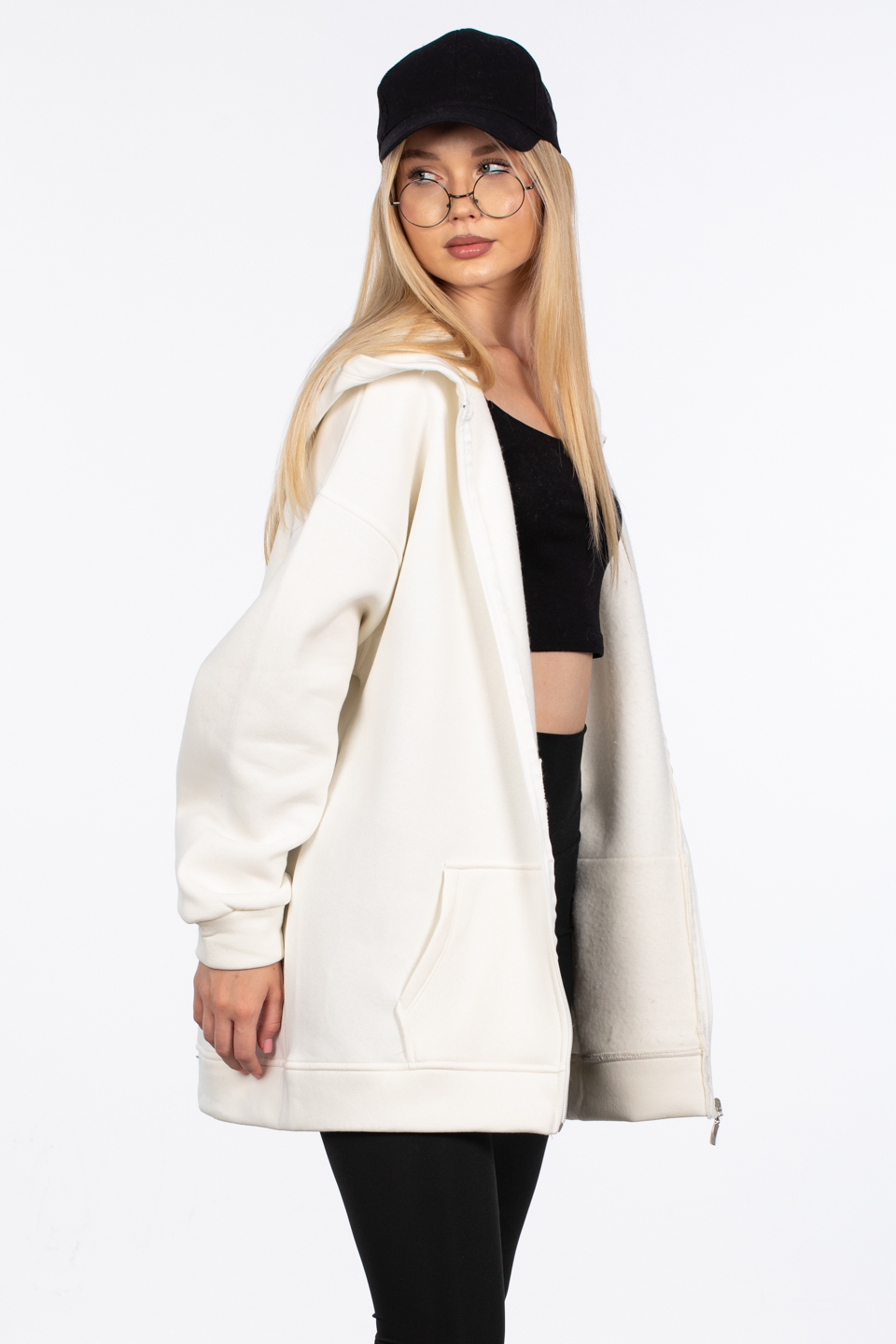 Oversize fermuarlı kapüşonlu sweatshirt-80-187 Ekru