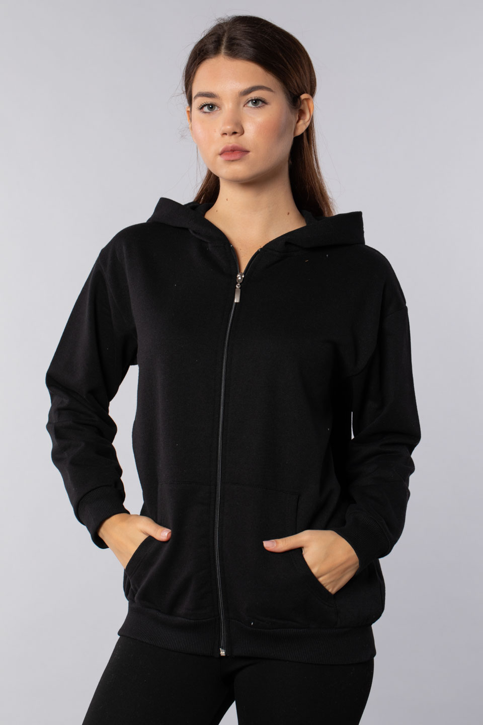 Oversize kapüşonlu fermuarlı sweatshirt-9603 Siyah