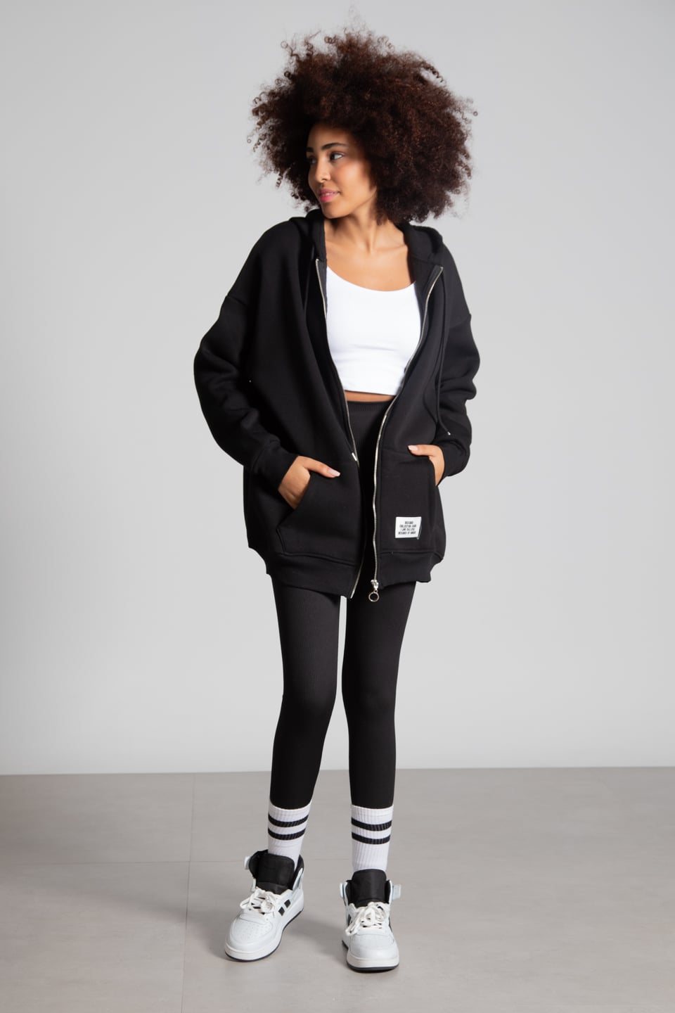 Oversize kapüşonlu fermuarlı sweatshirt-2986 Siyah