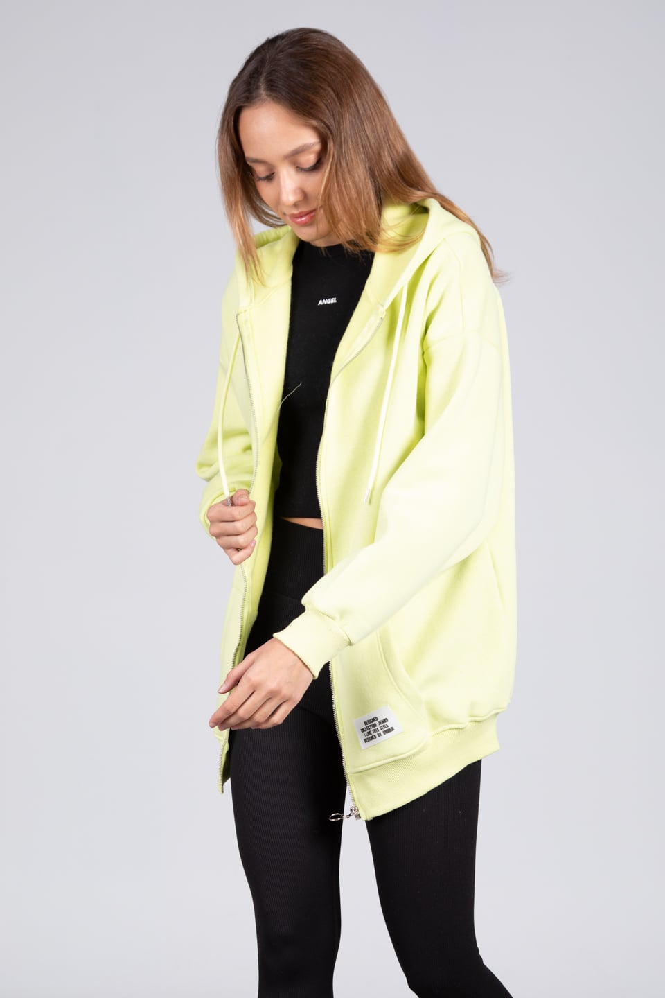 Oversize Kapüşonlu Fermuarlı Sweatshirt - Neon Sarı