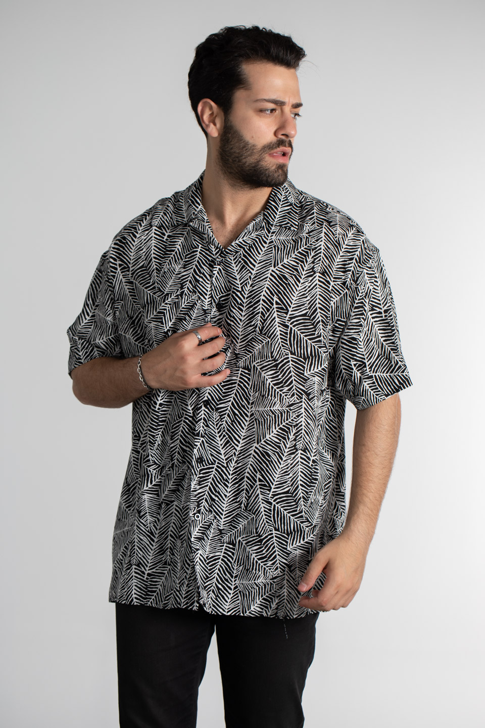 Oversize yaprak desen gömlek-6002 Siyah/Ekru