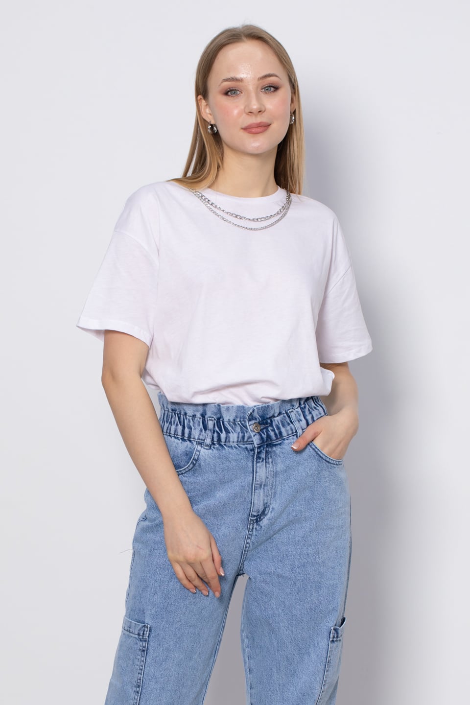 Oversize Zincir Detaylı T-Shirt - Beyaz