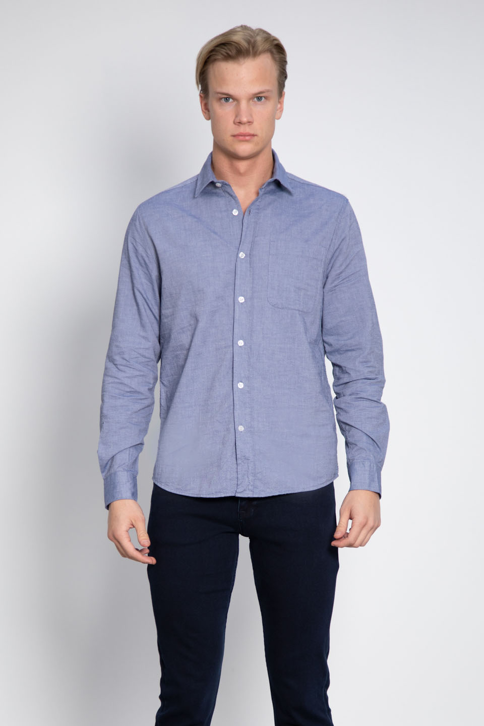 Oxford tek cep gömlek-12-4735 İndigo