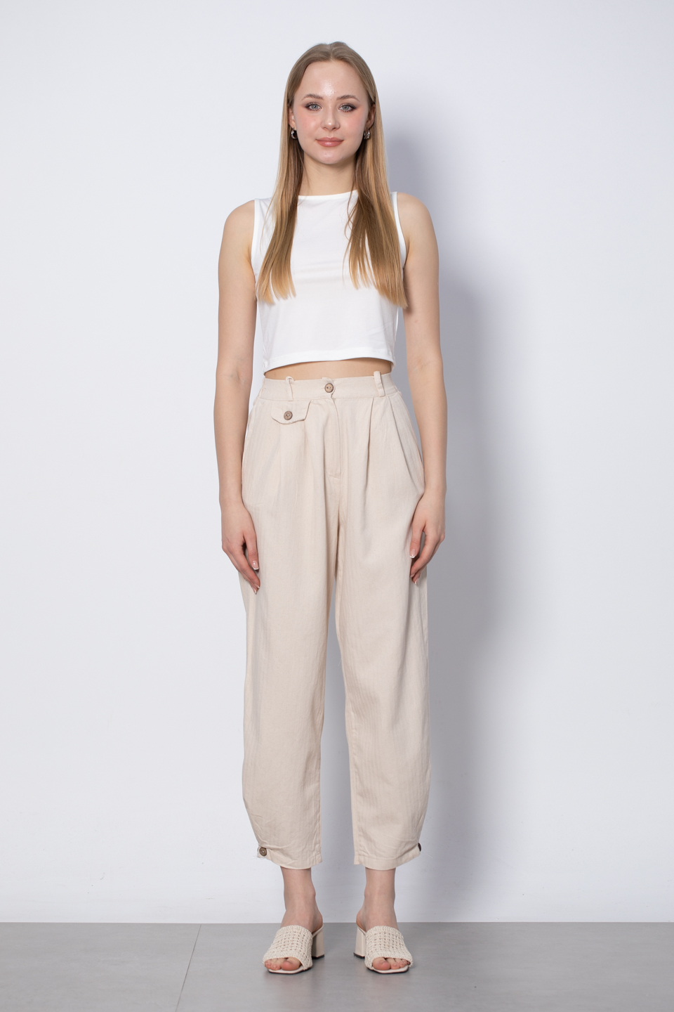 Paça düğme detaylı pantolon-3007 Ekru