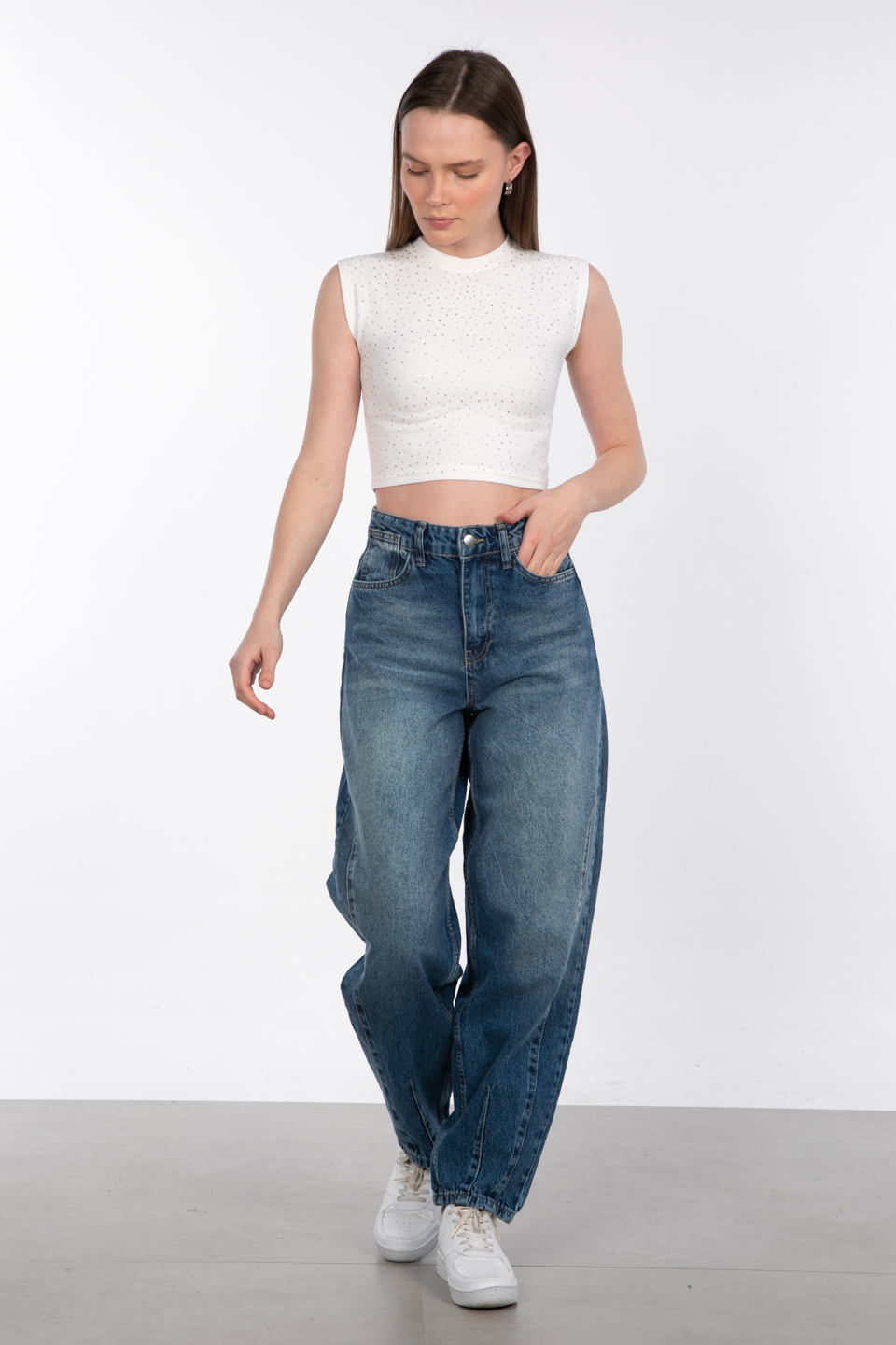 Paça pensli baggy jean pantolon-25-1007 Mavi