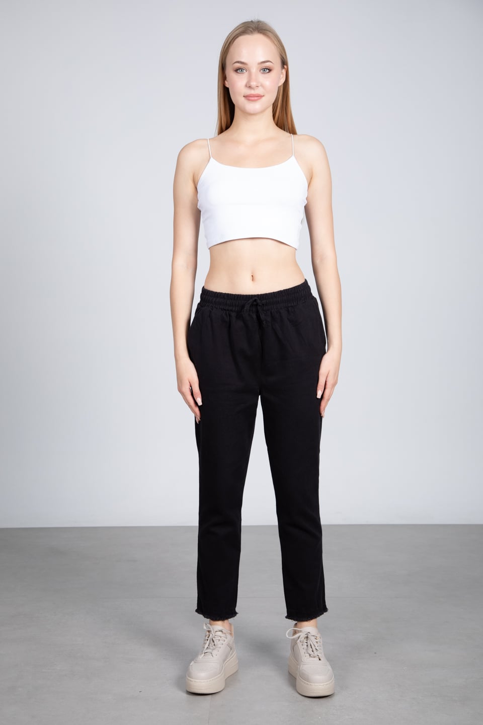 Paça püsküllü gabardin pantolon-001-1 Siyah