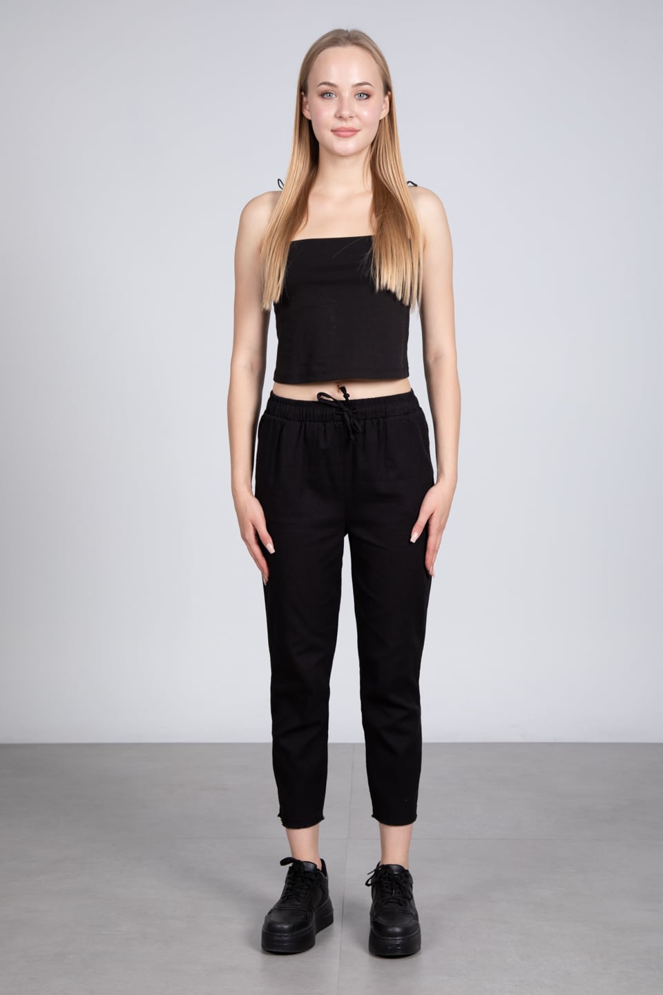Paça püsküllü gabardin pantolon-001 Siyah