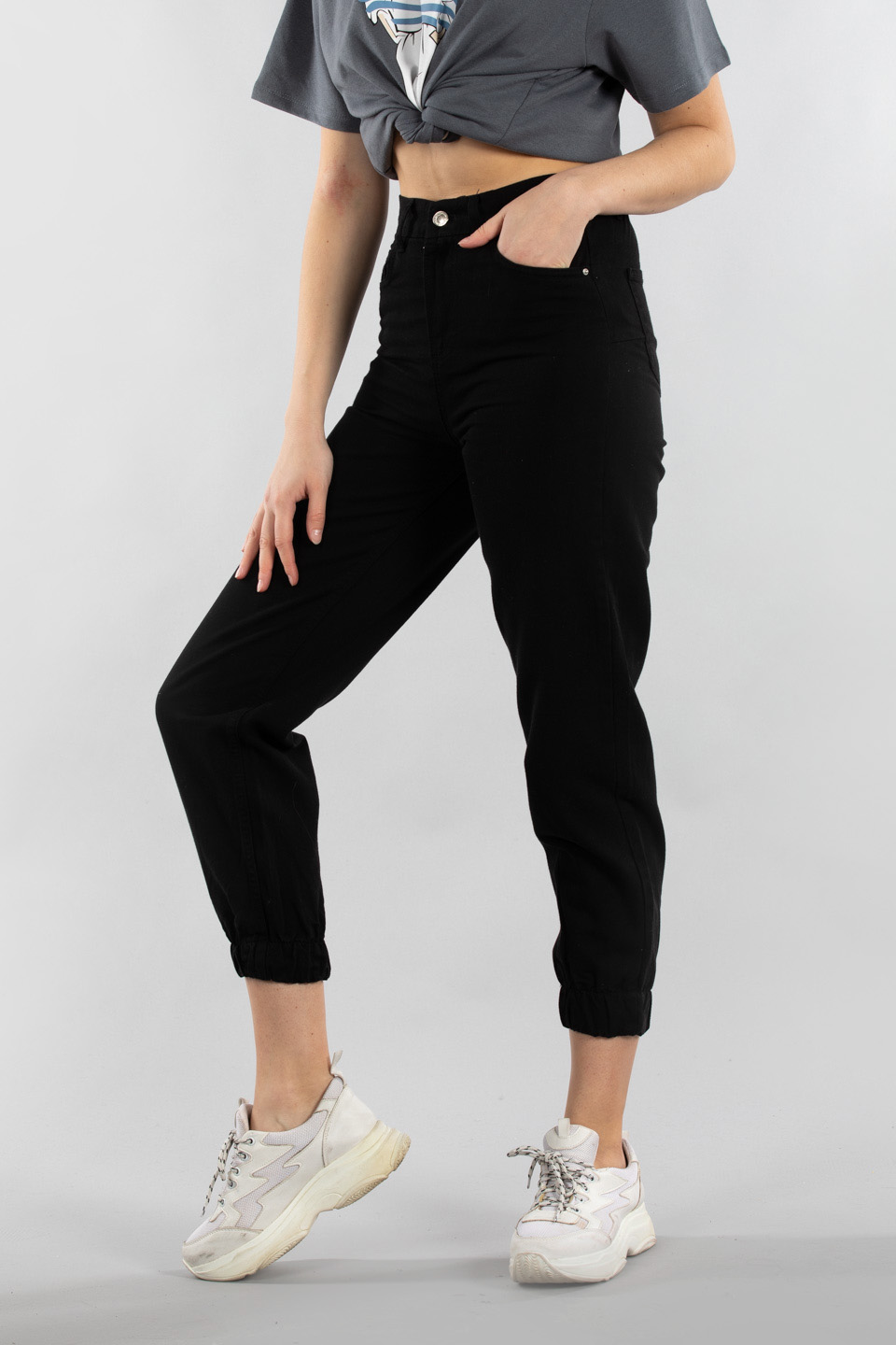 Paçası lastikli gabardin pantolon-YP4647 Siyah