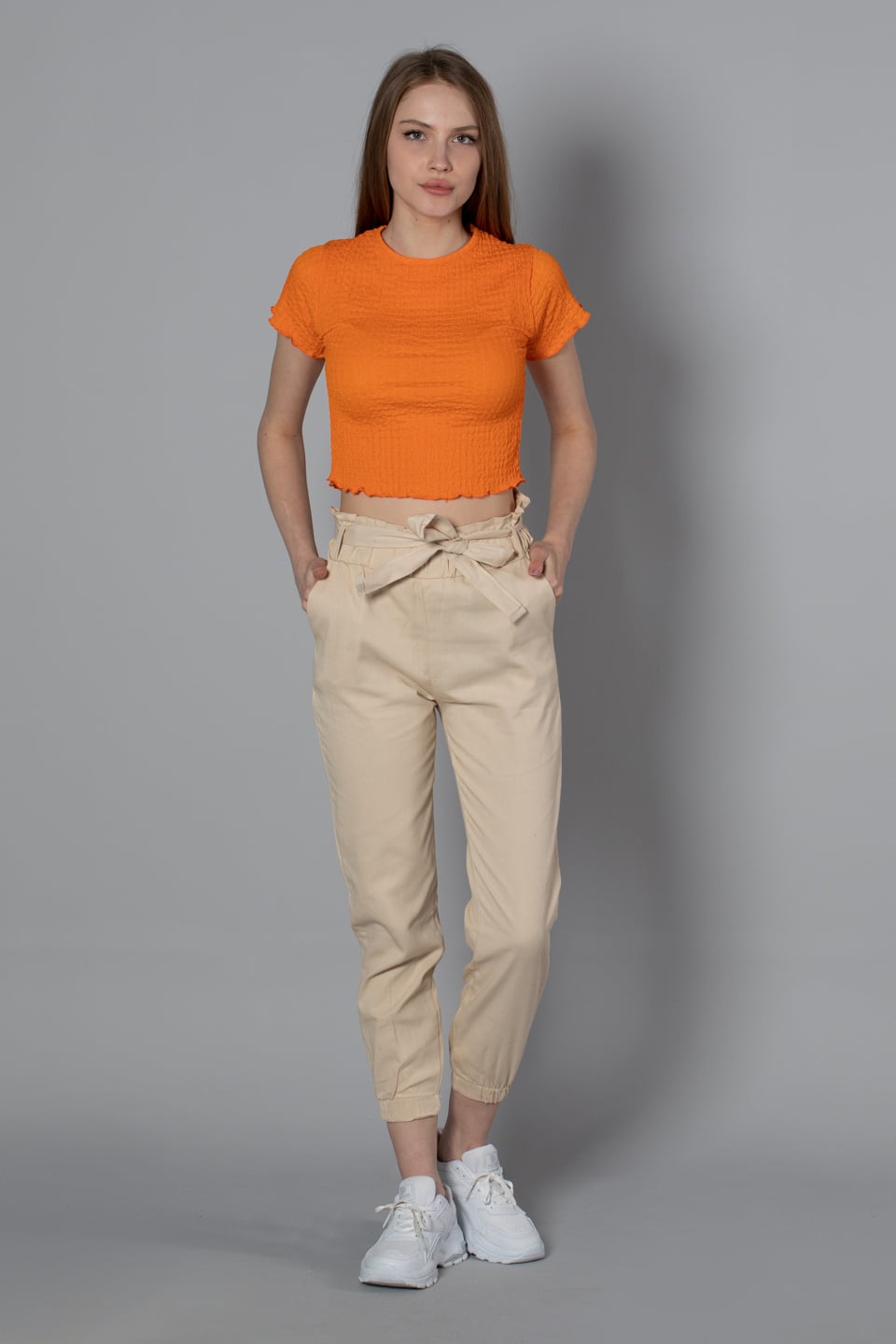 Paçası lastikli kuşaklı gabardın pantolon-1003 Taş