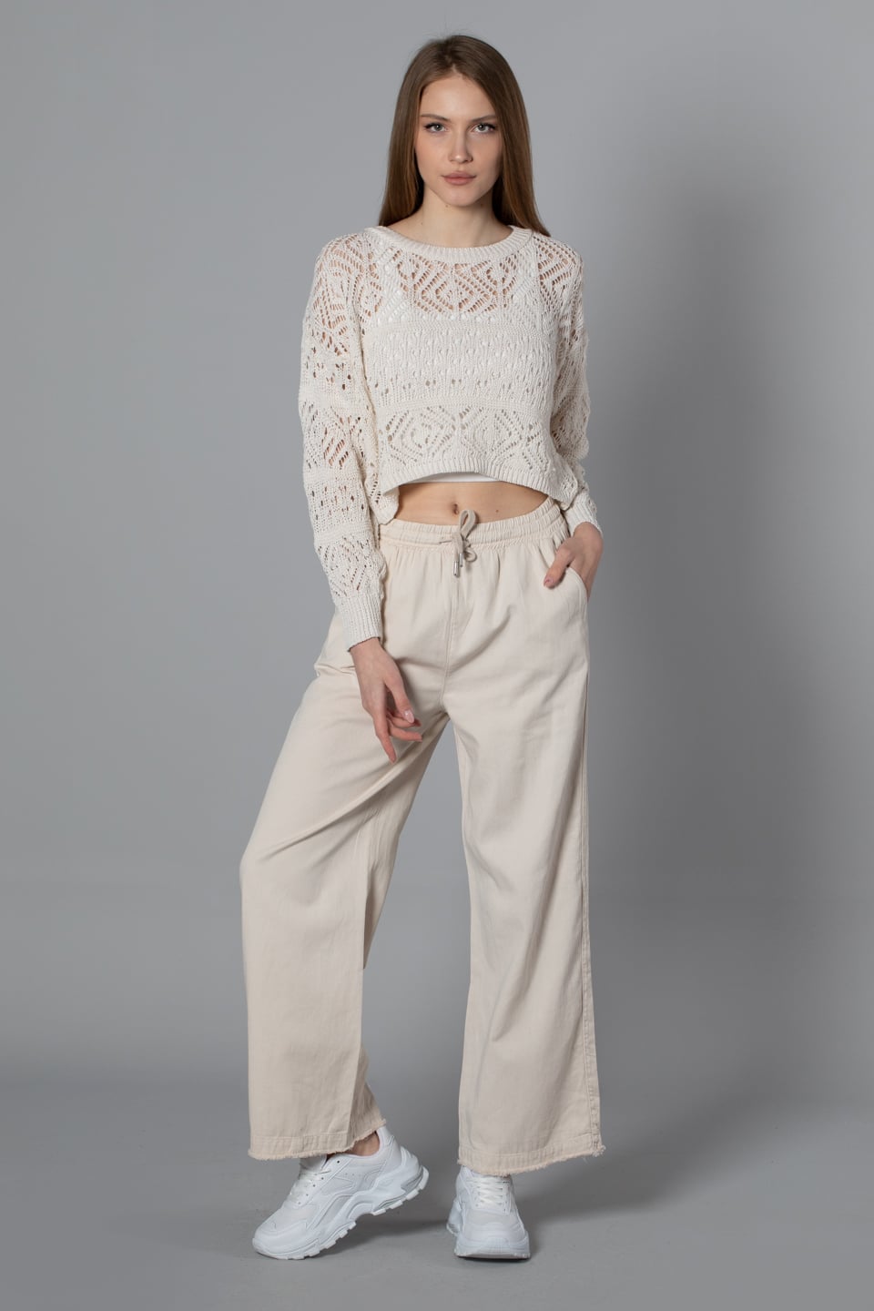 Paçası püsküllü bol paça pantolon-4760 Taş