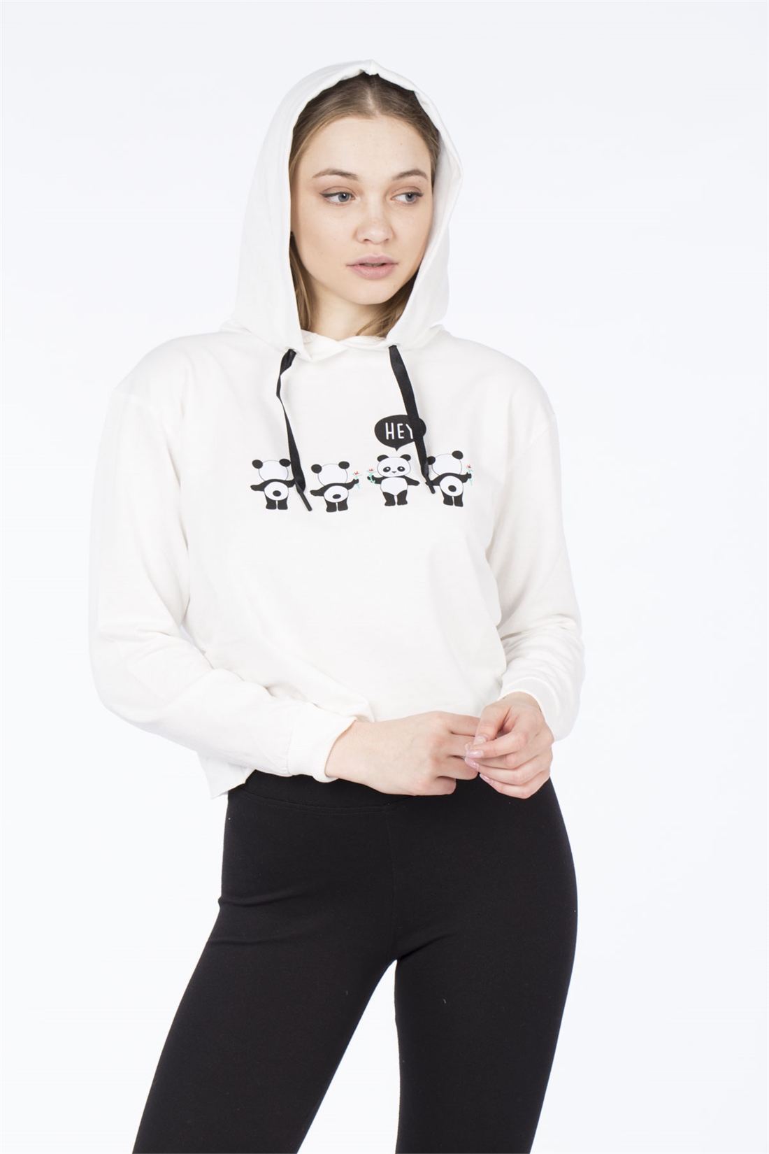 Panda Baskılı Sweatshirt-Ekru