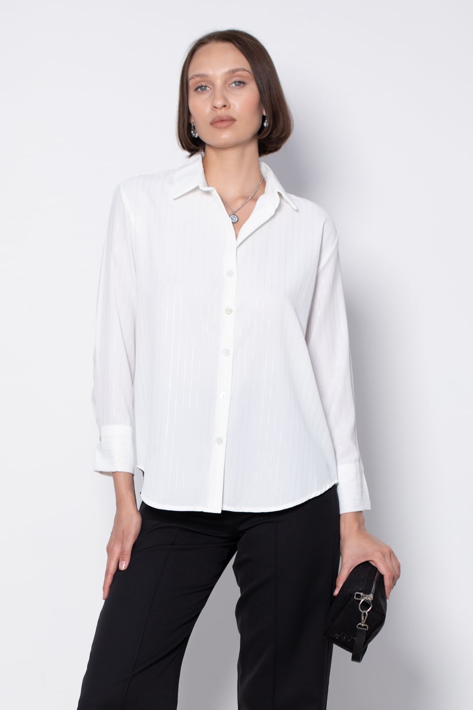 Parlak çizgili gömlek-4520 Gümüş/Ekru