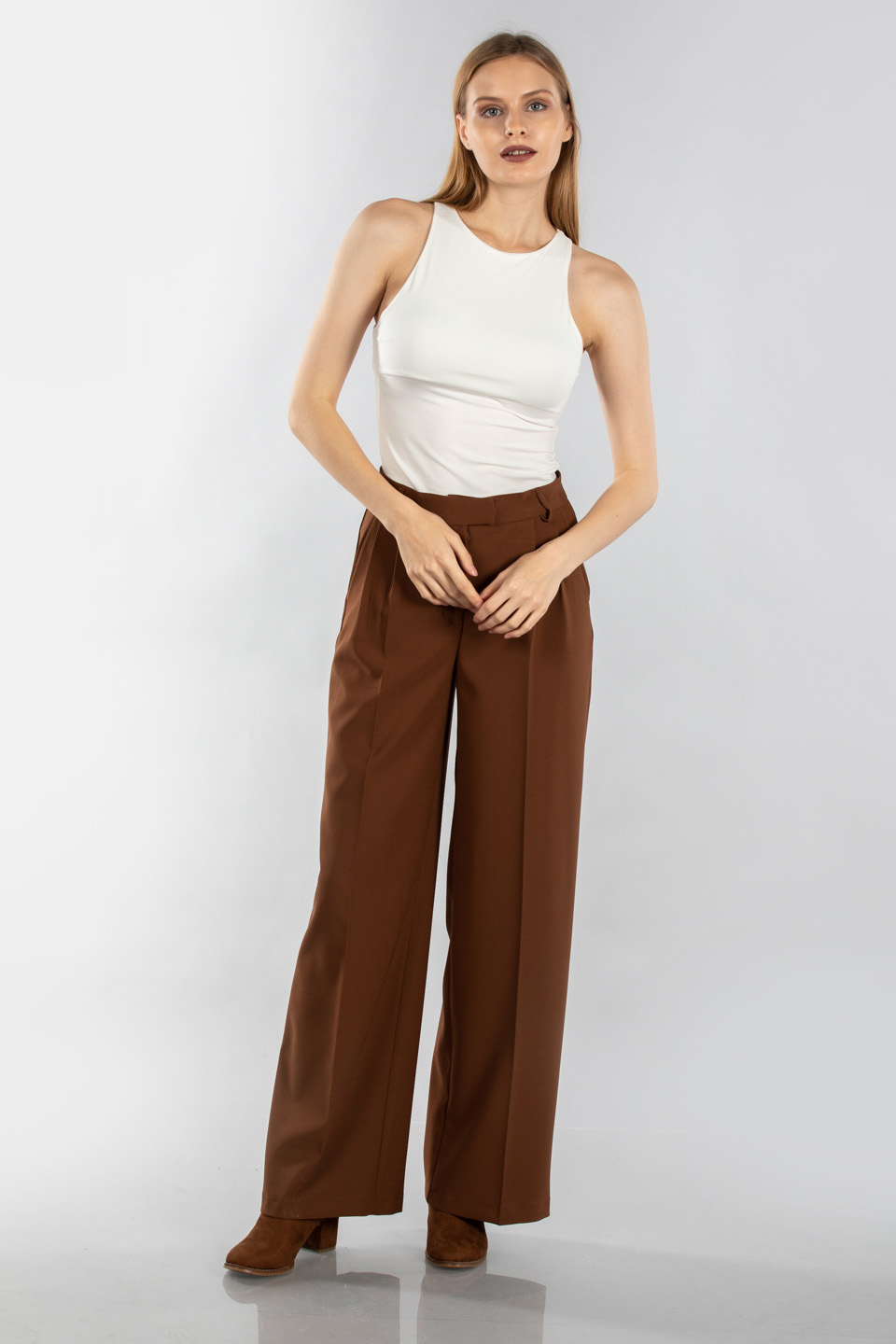 Pileli salaş kumaş pantolon-3673 Kahve