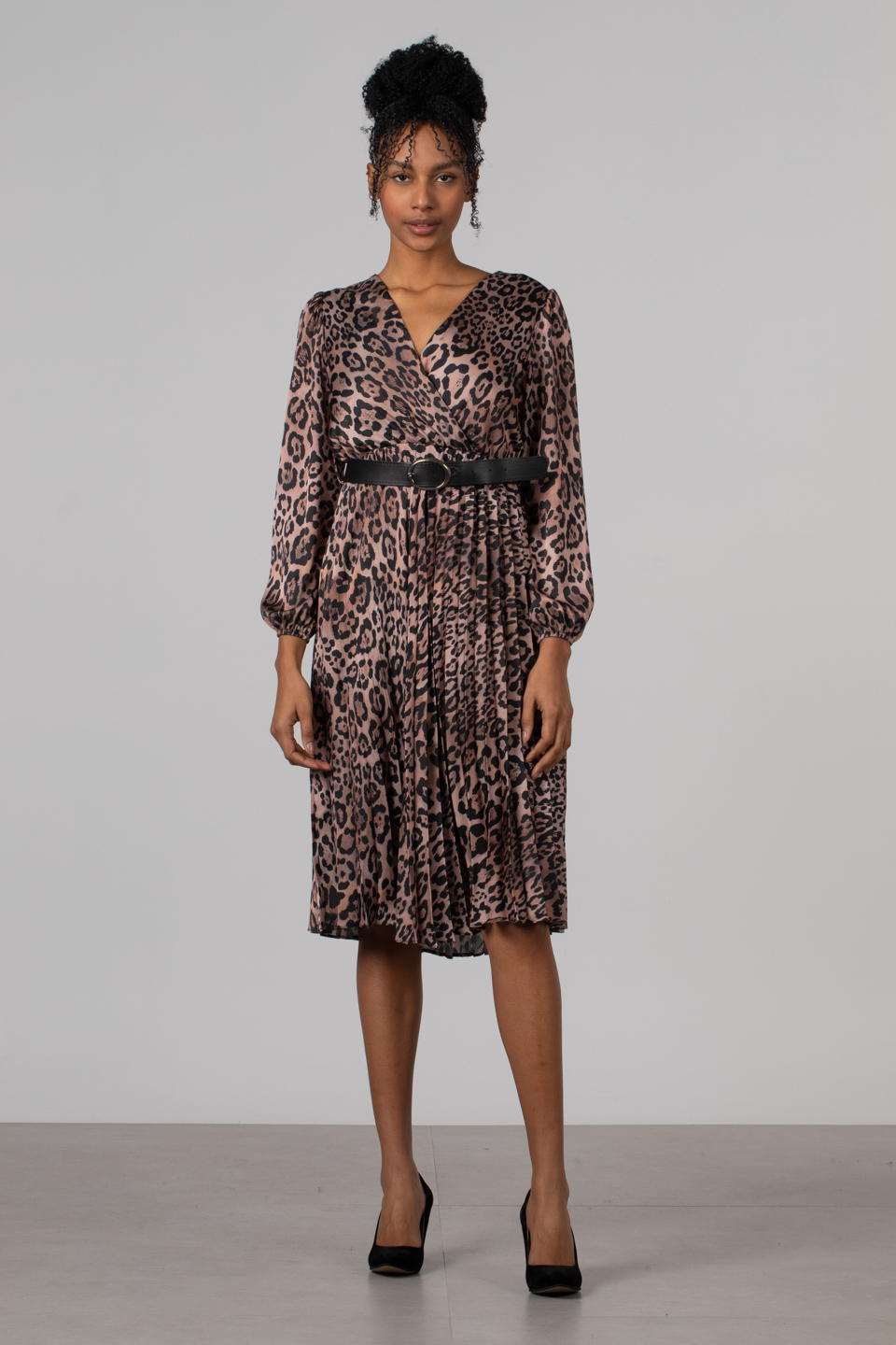 Piliseli kemerli saten elbise-7390 Leopar