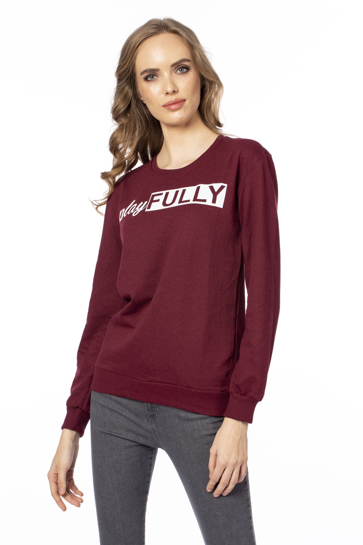 Play fully baskılı sweatshirt-103BK020281 Bordo