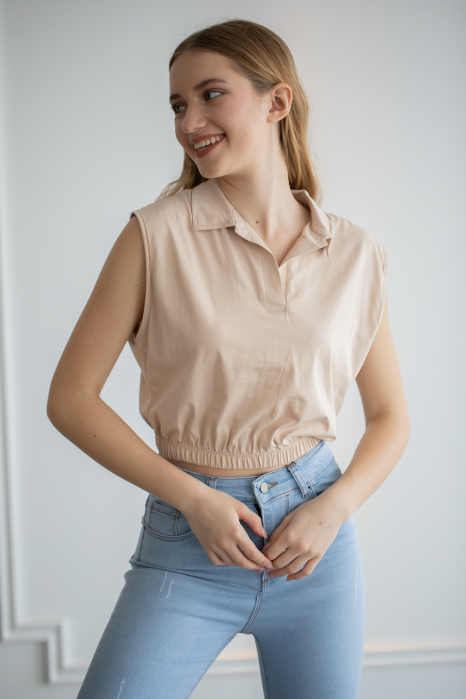 Polo yaka beli lastikli t-shirt-6292 Bej