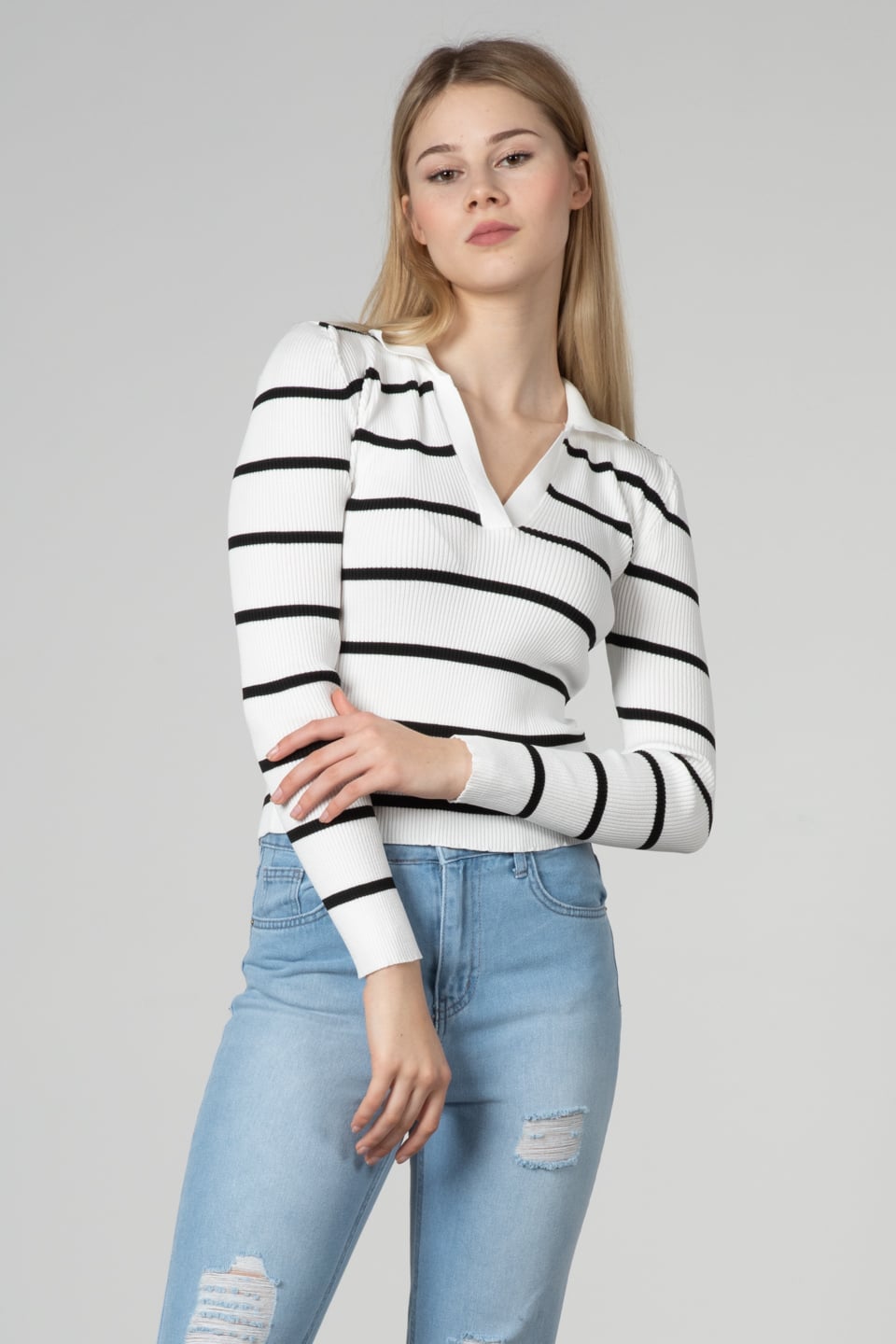 Polo yaka çizgili body-3043 Beyaz/Siyah