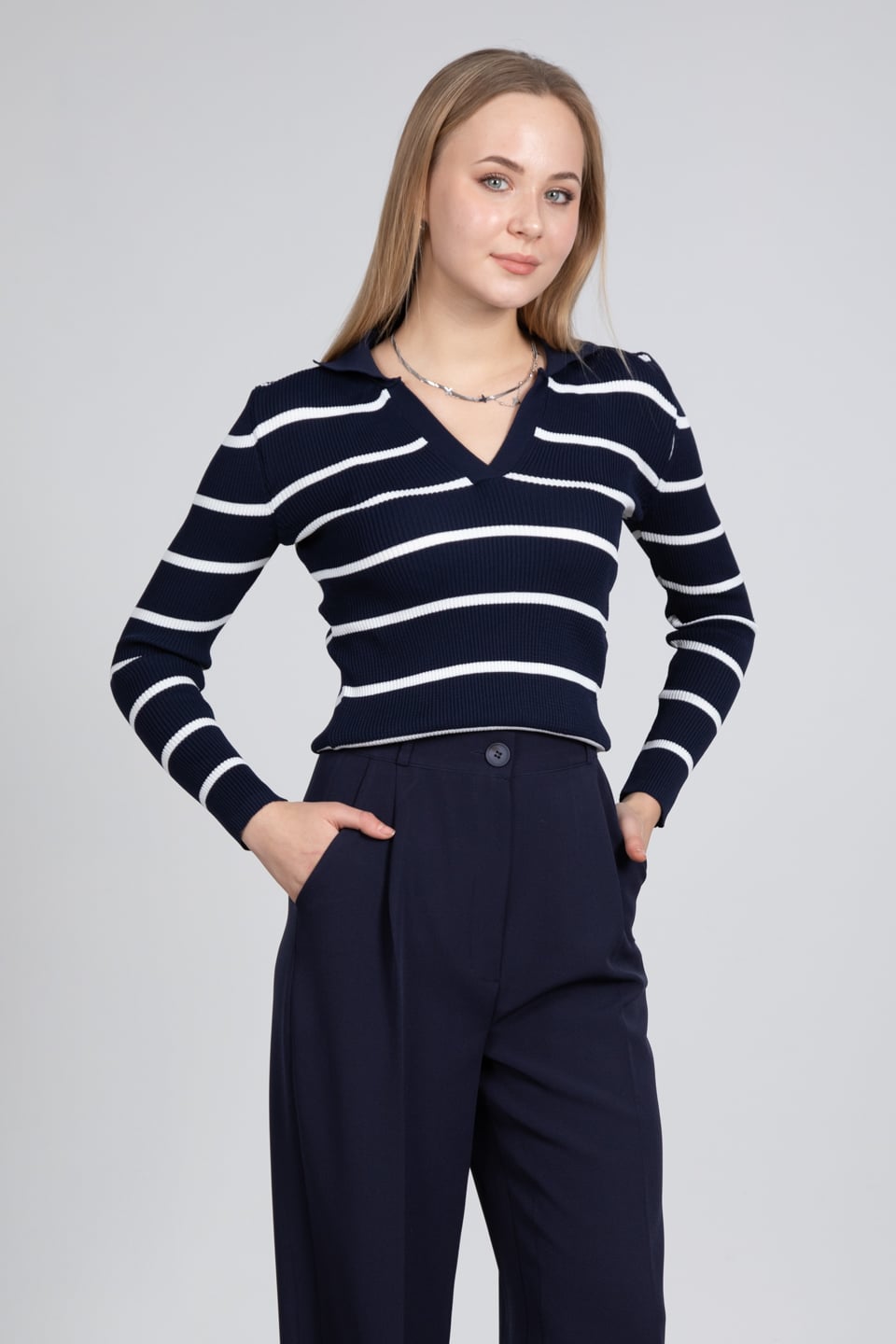 Polo yaka çizgili body-3043 Laci/Beyaz