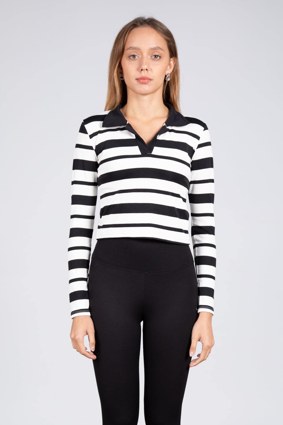Polo yaka çizgili scuba body-5433 Ekru/Siyah