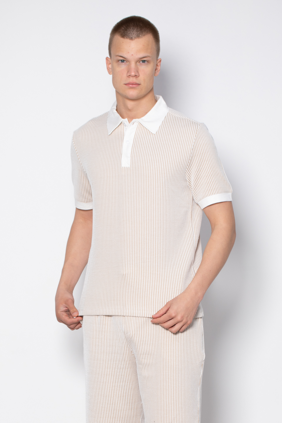 Polo yaka çizgili t-shirt-1111 Bej