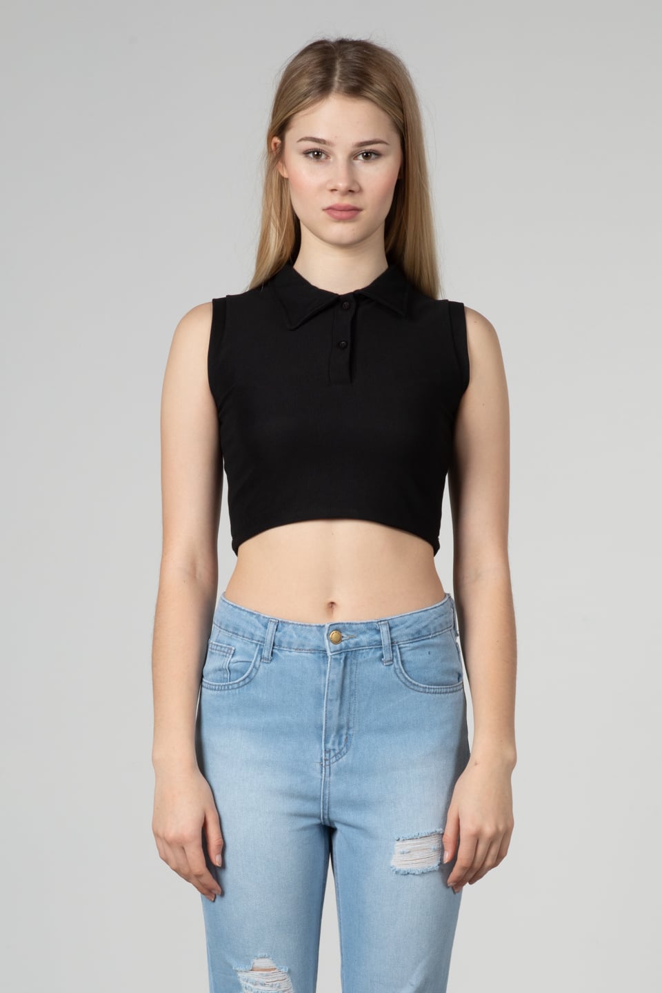 Polo yaka crop body-5088 Siyah