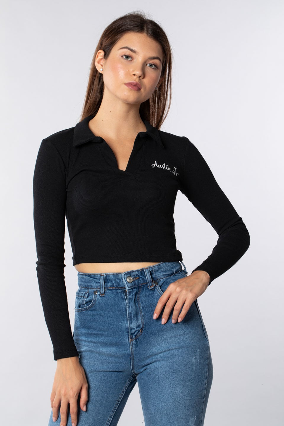 Polo yaka nakışlı body-2120 Siyah