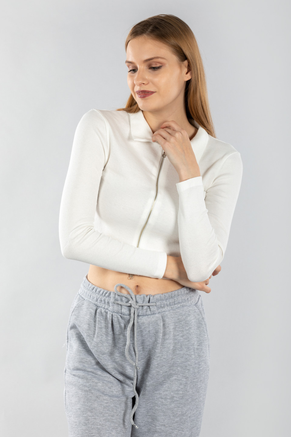Polo yaka önden fermuarlı hırka-2125 Ekru