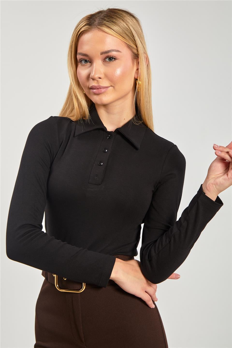 Polo yaka uzun kol body-10715 Siyah
