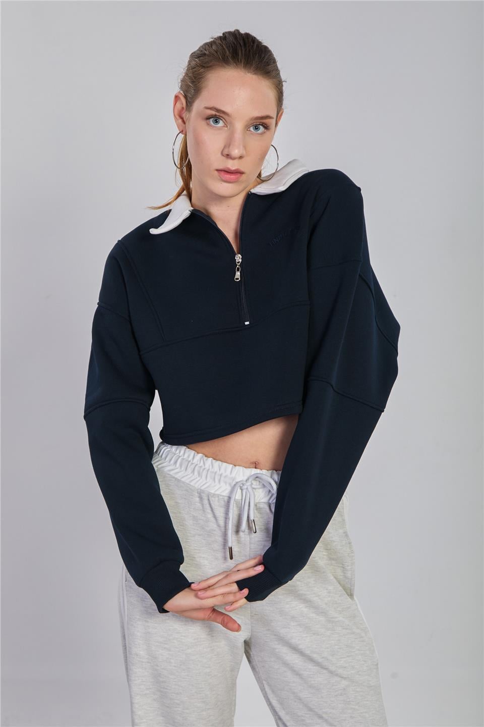 Polo yaka yarım fermuarlı sweatshirt-5784 Lacivert