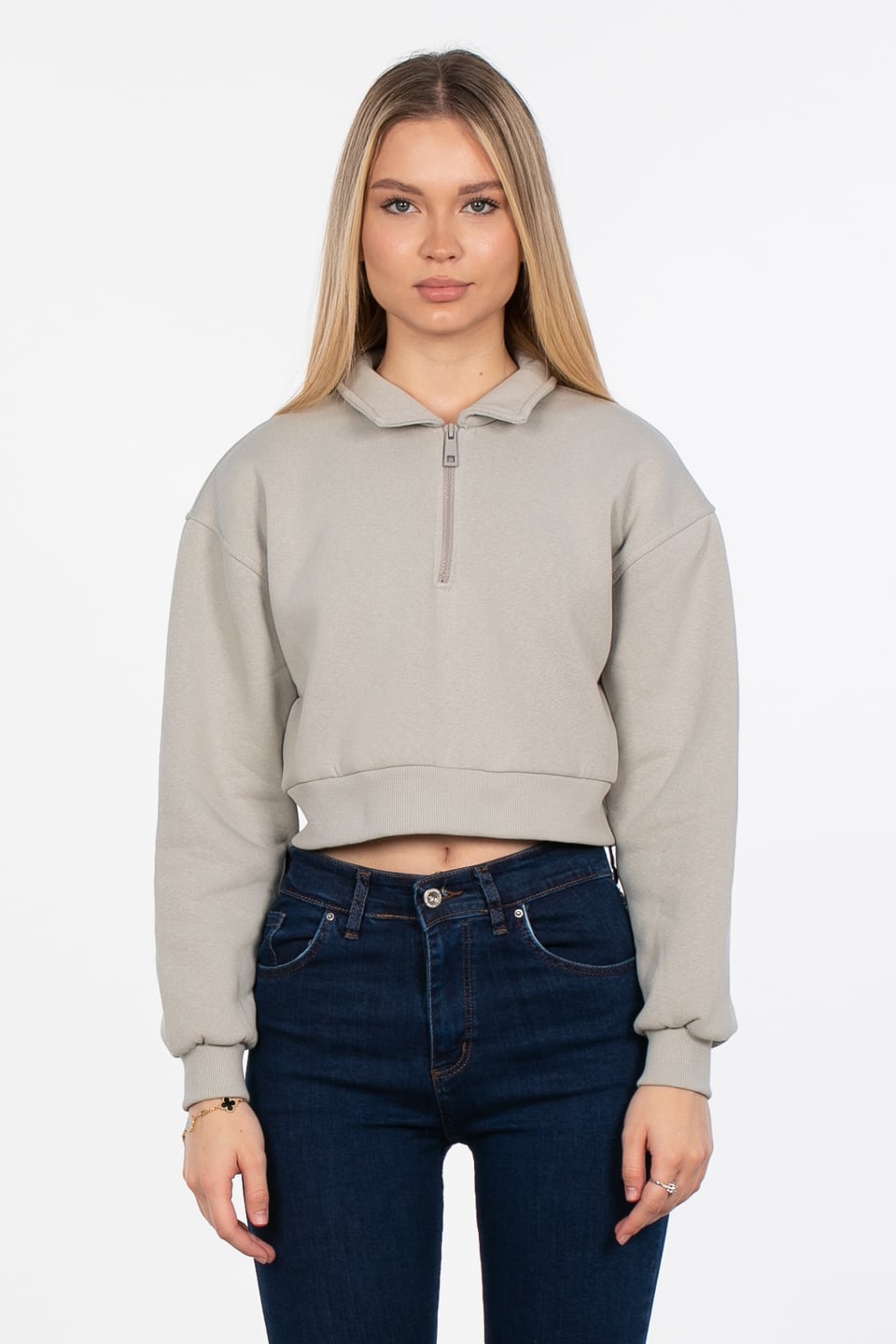 Polo yaka yarım fermuarlı sweatshirt-83-513 B.Gri