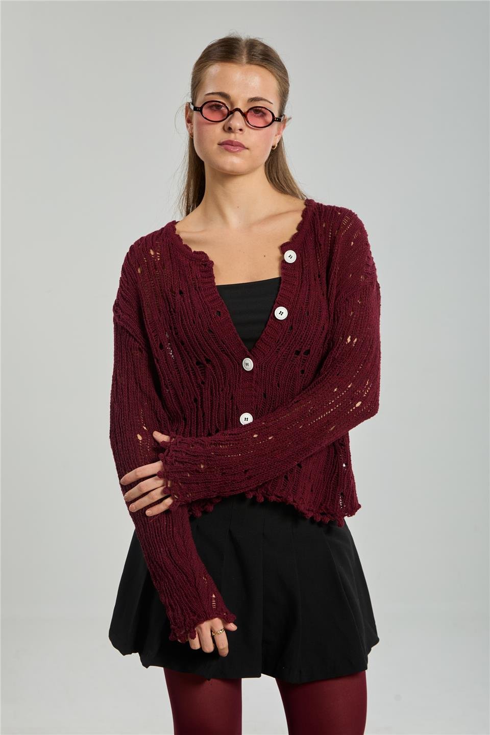 Ponponlu düğmeli ajurlu hırka-1836 Bordo