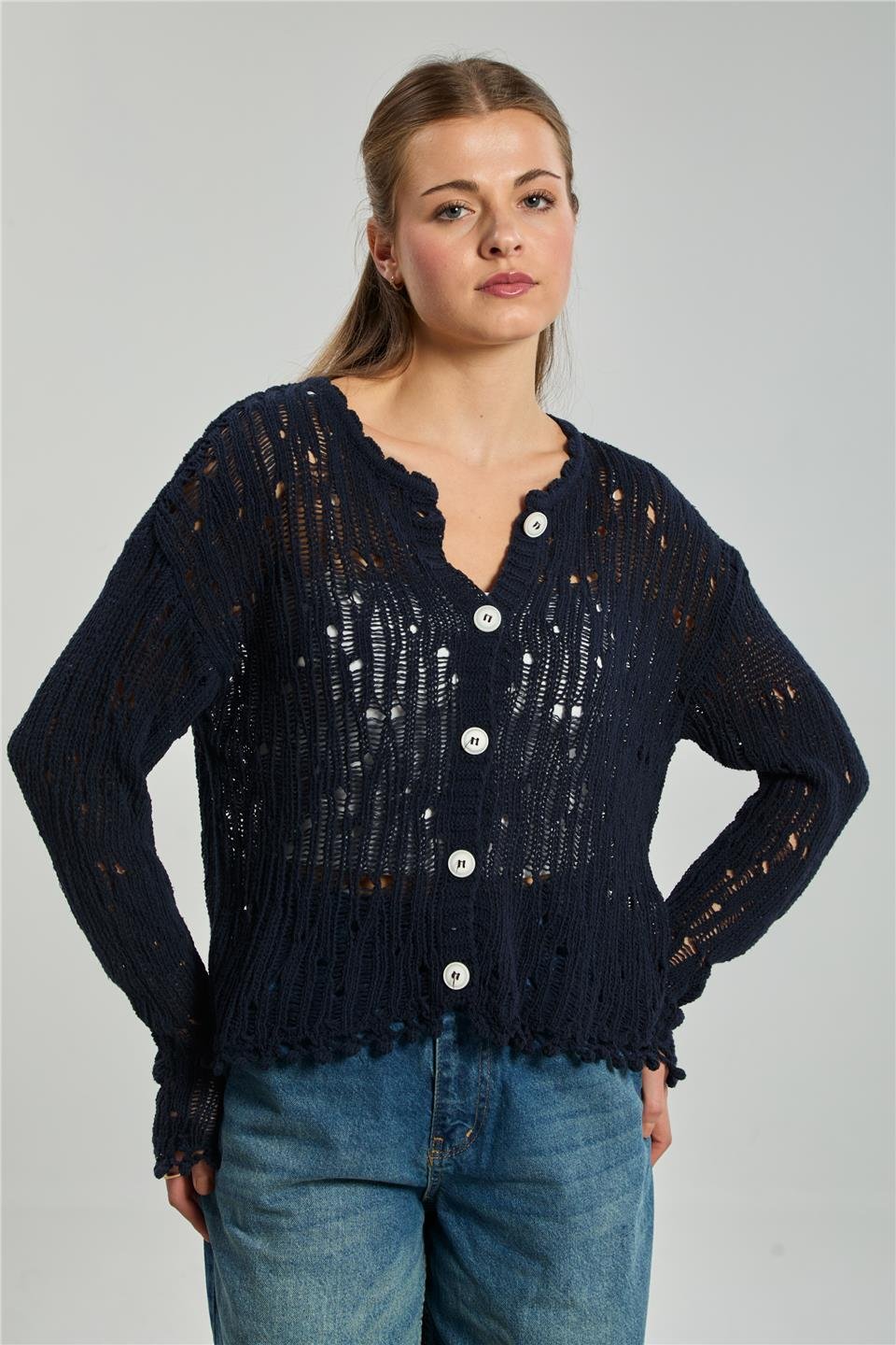 Ponponlu düğmeli ajurlu hırka-1836 Lacivert