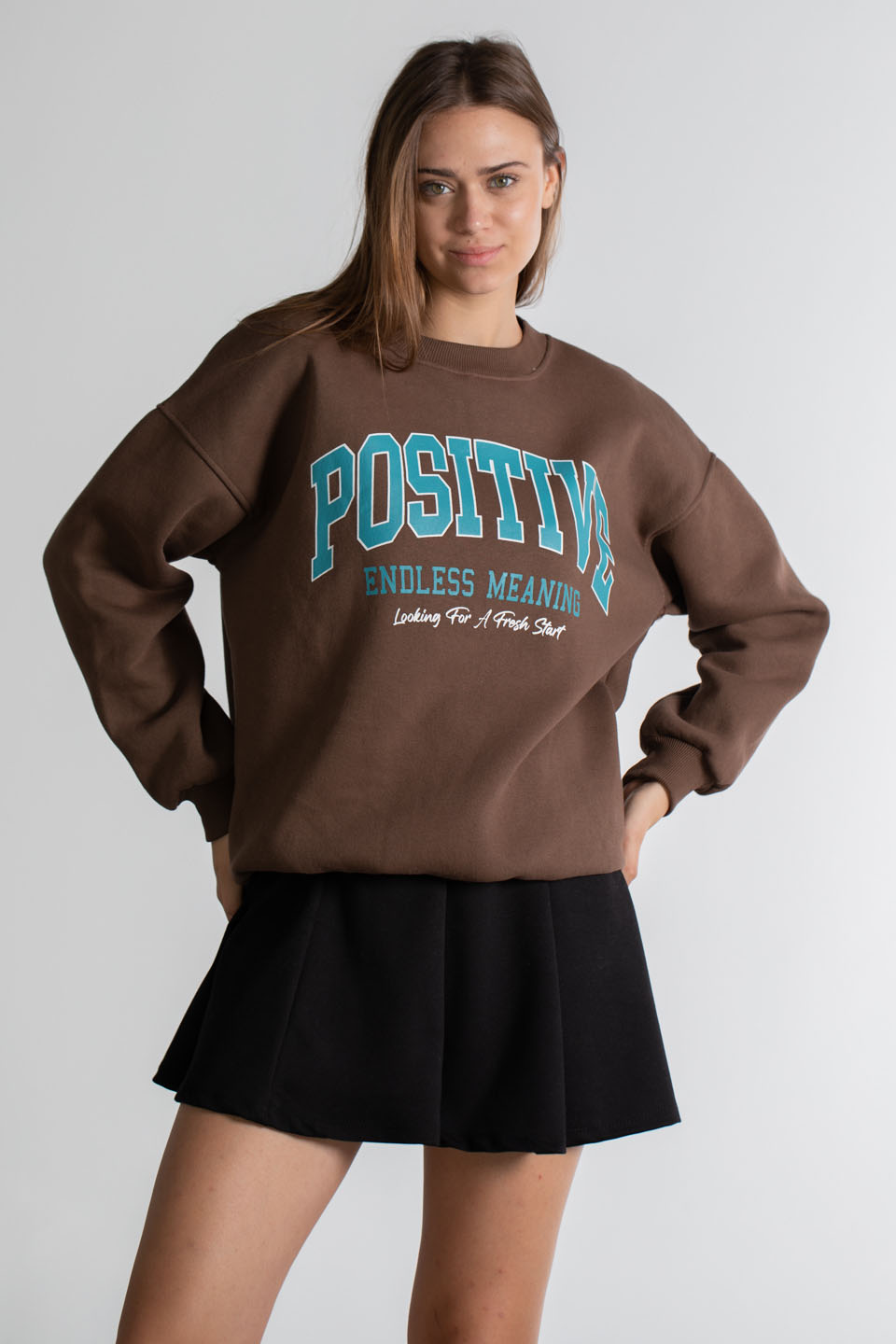 Positive Baskılı Sweatshirt - Kahve