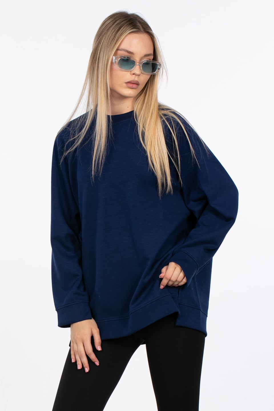 Reglan kol ön yırtmaçlı sweatshirt-10082 Lacivert
