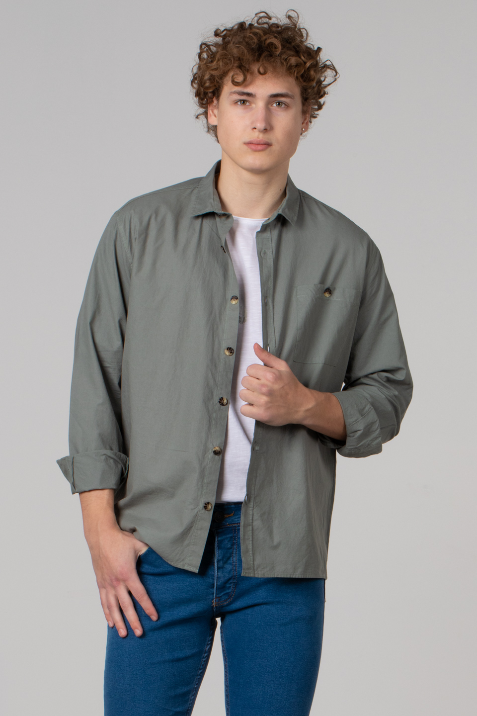 Regular fit poplin gömlek-12-4122 Haki