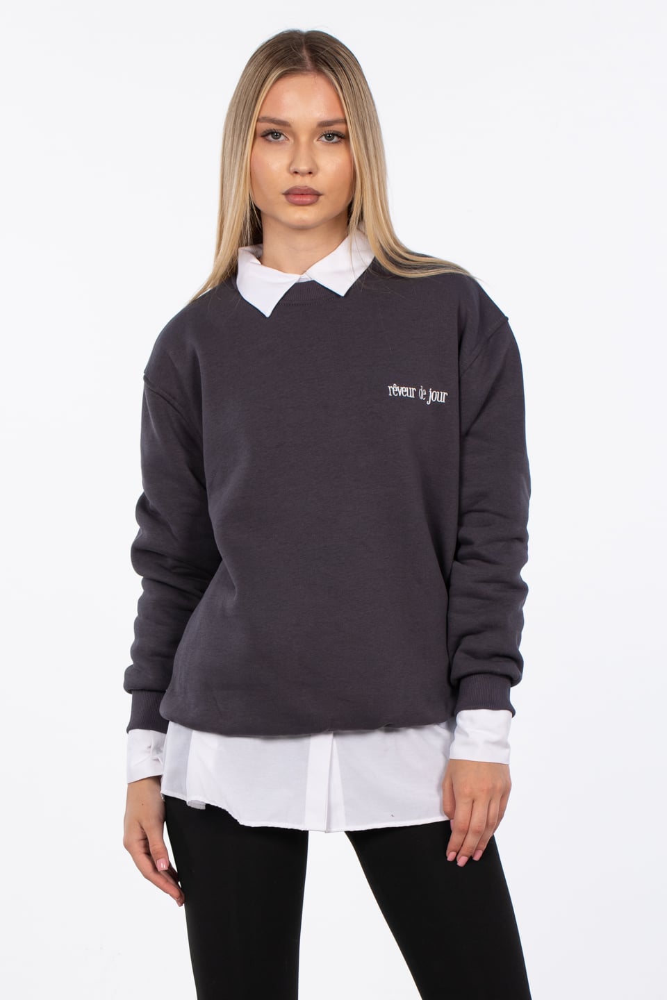 Reveur de jour nakışlı sweatshirt-83-568 Antrasit