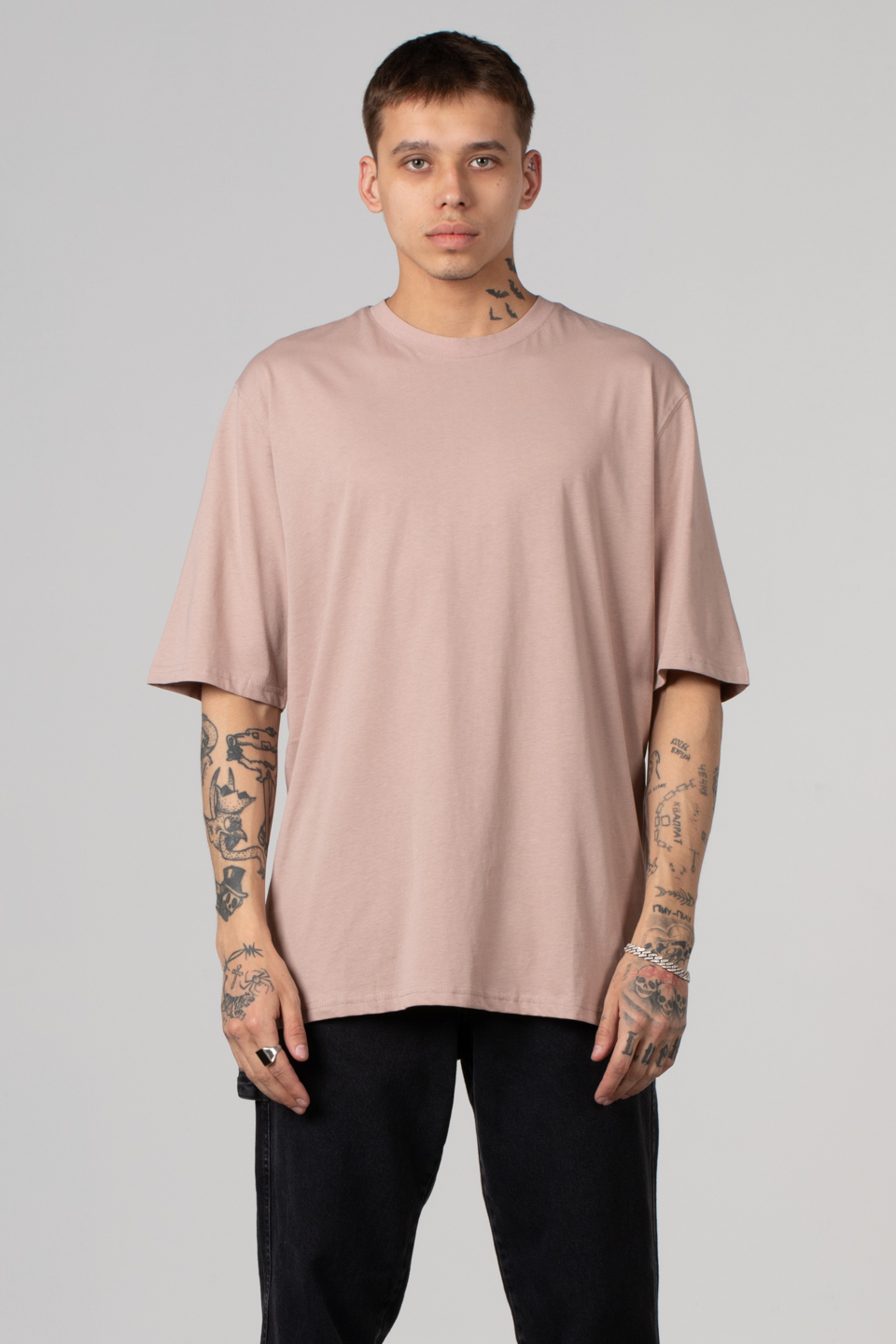 Ribana yaka oversize t-shırt-2644 Pudra